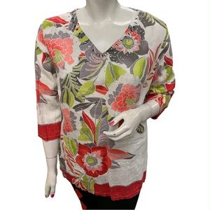 JM Collection Floral V-Neck Top with Red and Green Size Xl